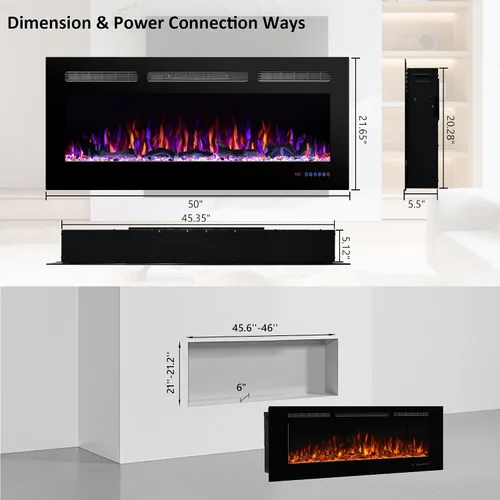 Miniatura 6 de Chimenea eléctrica de 50 pulgadas para empotrar y colocar en la pared, insertos de chimenea multicolor con 5 atenuadores, termostato con control