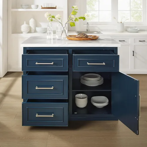 Miniatura 9 de Crosley Furniture Cutler - Isla de cocina con parte superior de mármol sintético con almacenamiento, barra de desayuno, soporte para microondas