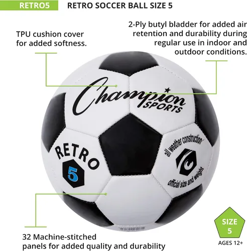 Miniatura 4 de Champion Sports® Balón de fútbol retro – Diseño clásico en blanco y negro, cubierta de TPU de tacto suave, balón para todo clima para juego de club