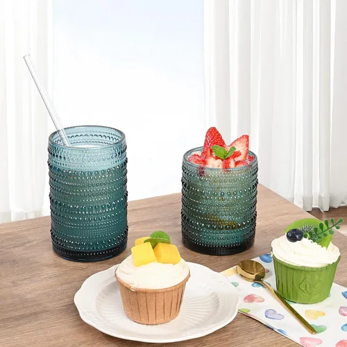 Miniatura 2 de ZMOWIPDL Juego de Cristalería Vintage de 12 Vasos para Beber, Azul 12oz y 15oz Vasos de Vidrio Hobnail, Vaso de Agua en Relieve, para Cerveza
