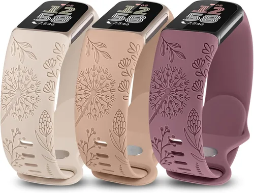Miniatura 13 de Minyee Paquete de 3 bandas grabadas florales compatibles con Fitbit Charge 6 bandas/Fitbit Charge 5 bandas para mujer, lindo diseño de flores