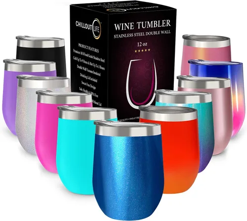 Miniatura 61 de CHILLOUT LIFE Vasos Térmicos de Vino de Acero Inoxidable de 12 oz Paquete de 2 - Vasos de Vino con Aislamiento al Vacío de Doble Pared con Tapas