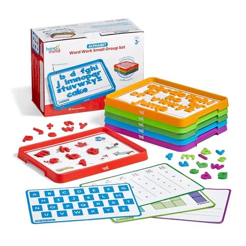 hand2mind - Juego de trabajo con palabras del alfabeto para grupos pequeños, letras magnéticas minúsculas, bandejas de letras magnéticas,