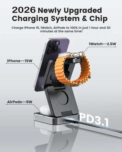 Miniatura 7 de Cargador inalámbrico 3 en 1 para iPhone, estación de carga inalámbrica rápida de 15 W compatible con cargador Mag-Safe, cargador de viaje plegable