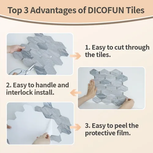Miniatura 8 de DICOFUN 1 lámina de loseta adhesiva en muro de mármol gris largo octogonal, azulejos adhesivos de piedra falsa de PVC con metal plateado para pegar