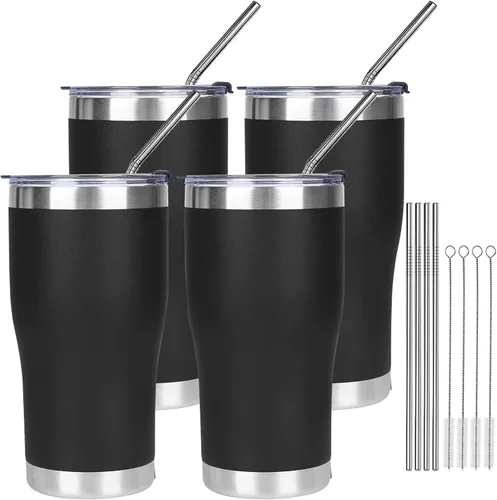 MEZMUT - Paquete de 4 unidades de vaso de café aislado de 20 onzas con tapa y popote, vaso de viaje de acero inoxidable de doble pared con