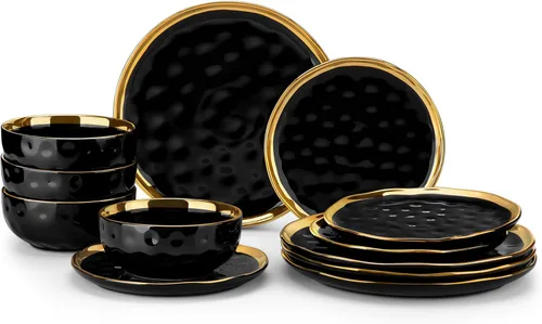 LOVECASA Juego de 12 piezas de platos y cuencos, vajilla de porcelana negra y dorada, platos de cena redondos, juego de vajilla para 4 personas,