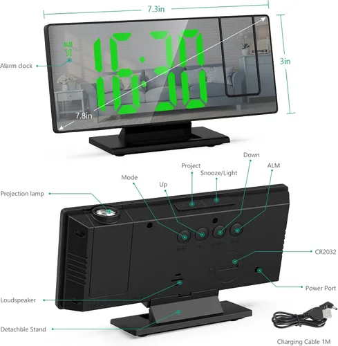Miniatura 6 de ORIA Reloj despertador de proyección, reloj despertador electrónico LED, reloj despertador de escritorio con espejo de 7.8 pulgadas con temperatura