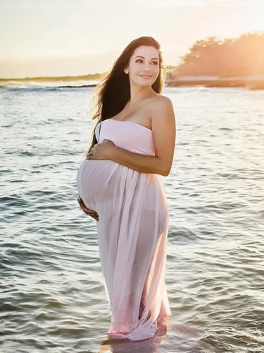 Miniatura 4 de Vestido de maternidad sin tirantes para mujer, con hombros descubiertos, para fotografía, vestido de gasa con abertura frontal para sesión de fotos
