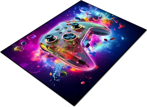 Miniatura 8 de Alfombra de área de juego para adolescentes, alfombra de 3D transparente con diseño de gamepad y controlador de juego de fondo de bomba colorida