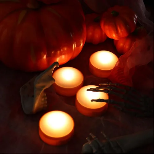 Miniatura 6 de Paquete de 4 luces de calabaza de Halloween con control remoto/temporizador, velas LED que funcionan con pilas, luces naranjas sin llama, velas