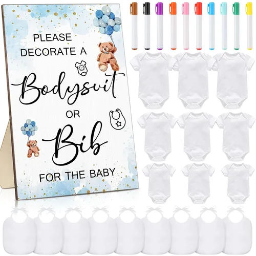 Roowest 35 Piezas Baberos para Baby Shower Juegos Diseño Letrero de Madera para Juego de Fiesta de Baby Shower DIY Letrero de Body 15 Baberos