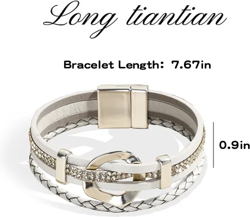 Miniatura 5 de Long tiantian Pulsera de cuero con corazón de 2 capas apilable con cierre de diamantes de imitación, joyería bohemia regalo para mujer