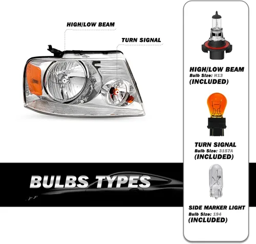 Miniatura 2 de SOCKIR Conjunto de faros delanteros con bombillas compatibles con Ford F150 Pickup 2004-2008/Lincoln Mark LT 2006-2008 para el lado del pasajero