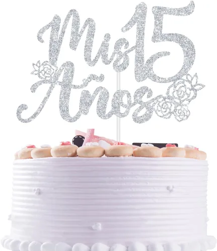 Miniatura 8 de Decoración para tartas Mis 15 años con purpurina de oro rosa, feliz 15 años, feliz 15 años, decoración de fiesta de cumpleaños con temática