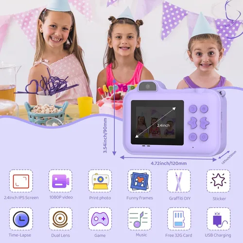 Miniatura 3 de Cámara de impresión instantánea para niños, selfie de doble lente HD de 1080P, cámara digital para niños pequeños con 5 rollos de papel y tarjeta