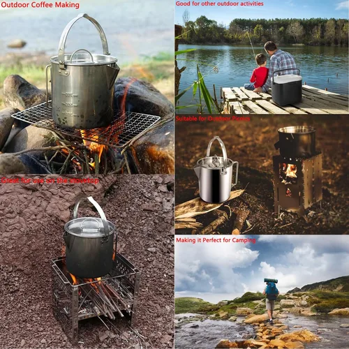 Miniatura 6 de Hervidor de té para camping, cafetera portátil de 1.2 L, olla de campamento al aire libre, con asas y con tapas para camping, senderismo, picnic