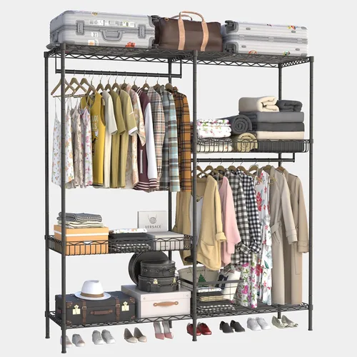 Miniatura 8 de Armario portátil resistente de 68 pulgadas con tapa, gran perchero de almacenamiento para colgar ropa, armario de metal, estantes de ropa