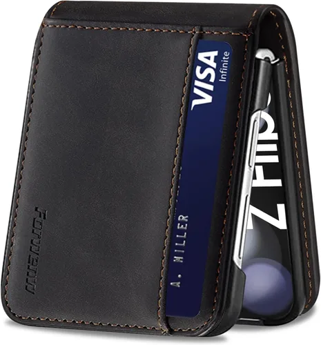 Miniatura 25 de Funda de piel con tapa para Samsung Galaxy Z Flip 3, con protección de bisagra, delgada y magnética tipo cartera [1 tarjetero], funda protectora a
