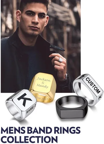 Miniatura 8 de Bandmax Anillos de sello para hombre, acero inoxidable, chapado en oro de 14 quilates, negro, minimalista, simple, anillo para hombres y mujeres