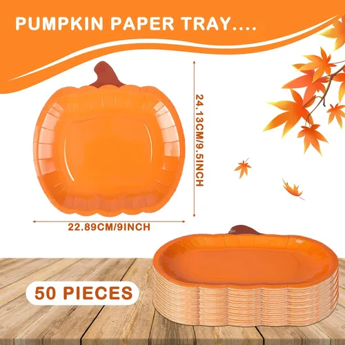 Miniatura 2 de Dandat 50 platos de papel desechables de calabaza de otoño de 9 pulgadas, platos de fiesta de cosecha de Acción de Gracias, naranja redondo