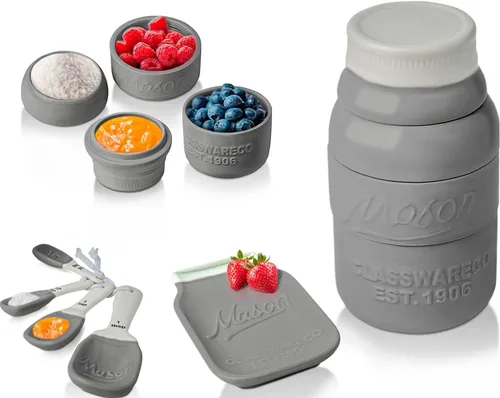 Comfify Mason Jar Menaje de Cocina – 4 Tazas Medidoras, 4 Cucharas, Apoya Cucharas – Cerámica Vintage en Gris