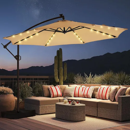 HOMSHADE - Sombrilla de patio de 10 pies con luces solares, voladiza, con luz y base, sombrilla colgante para exteriores con protección UV UPF50+ y