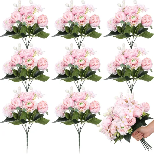 Crowye 8 ramos de flores de seda de hortensias de peonía con tallos de 12.6 pulgadas de alto, elegantes flores artificiales vintage de imitación