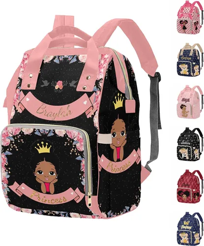 M YESCUSTOM - Bolsa de pañales floral con nombre personalizado, mochila de lactancia negra personalizada con mochila de nailon de gran capacidad