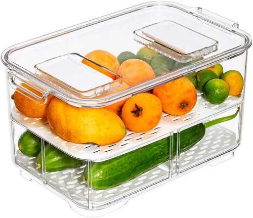 Slideep Contenedores grandes de almacenamiento de alimentos de 11 pulgadas, organizador de refrigerador apilable de 2 niveles con tapas y bandeja de