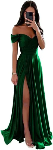 PEIYJYUSP Vestidos de dama de honor de satén con hombros descubiertos para boda, largo, fruncido, acampanado, vestido de graduación formal con