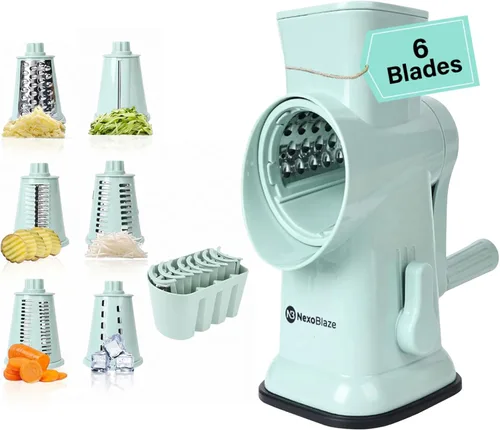 Rallador de queso giratorio con manivela – Trituradora de queso 6 en 1, 6 cuchillas de acero inoxidable, base de succión reforzada, rallador para