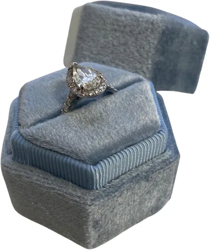 Miniatura 7 de Caja de anillo hexagonal de terciopelo, 1 ranura para compromiso y ceremonia de boda, exhibición plana y almacenamiento (azul claro)