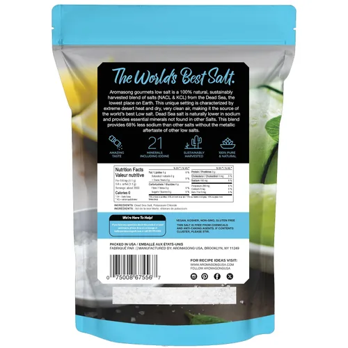 Miniatura 8 de Aromasong Sal marina baja en sodio, 100% natural, 60% menos de sodio, bolsa a granel de 5 libras, cloruro de potasio del mar muerto de grano fino
