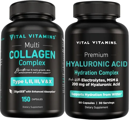 Vital Vitamins Multi-colágeno 150 ct + complejo de hidratación de ácido hialurónico 60 unidades