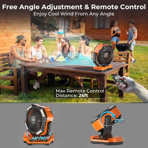 Miniatura 4 de 68HRS - Ventilador de campamento para correr con luz, batería recargable de 20000 mAh, potentes 4 velocidades y oscilación automática, con Naranja