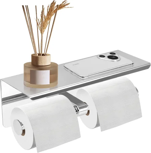 Miniatura 9 de Soporte doble de papel higiénico, soporte de papel de seda de acero inoxidable con estante, dispensador de papel higiénico antioxidante, montado