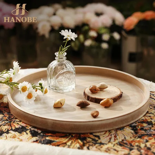 Miniatura 2 de Hanobe Bandeja Decorativa para Mesa de Café: Bandeja Redonda de Madera Lavada en Blanco, Bandejas Rústicas de Madera Circulares, Centro de Mesa