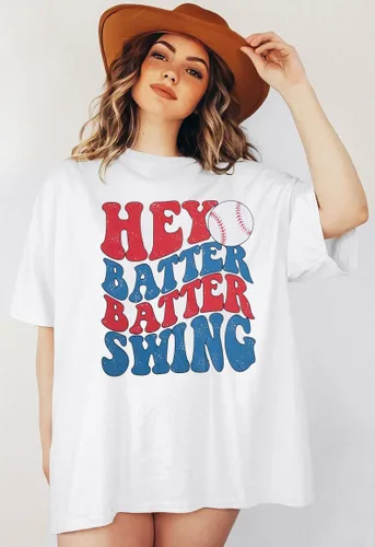 Miniatura 21 de Camiseta de béisbol para mujer, camisetas de béisbol de gran tamaño Hey Batter Batter Swing Graphic Tee Ballpark Gift Tops de manga corta