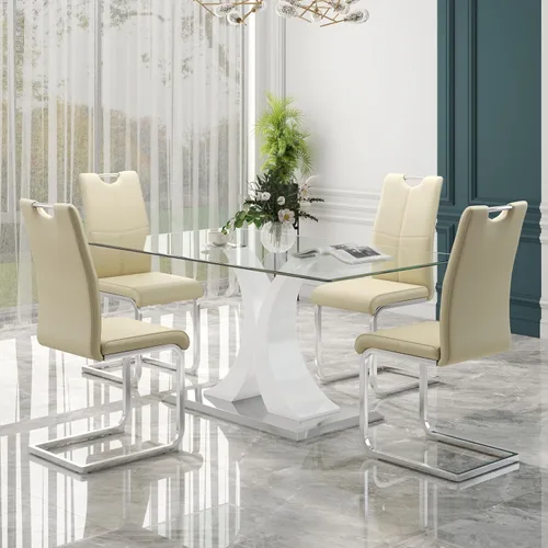 Miniatura 21 de Juego de comedor moderno de vidrio de lujo de 5 piezas, juego de cena rectangular minimalista grande para 4, juego de mesa de cocina de vidrio