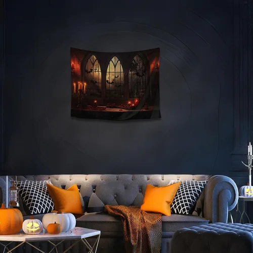 Miniatura 3 de QGHOT Tapiz de Halloween para colgar en la pared, tapiz de castillo de terror con ventana gótica, fondo espeluznante medieval, tapices