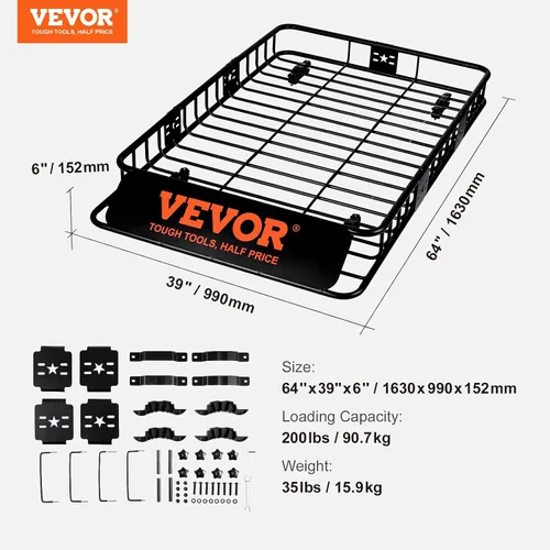 Miniatura 7 de VEVOR Cesta de Carga para Portaequipajes de Techo, 64" x 39" x 6" Transportador de Carga para Techo con Extensión, Acero Resistente de Servicio