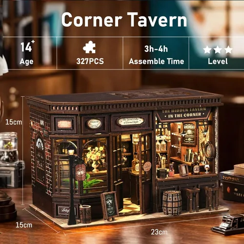 Miniatura 4 de Kit de rincón de libros, kit de casa de muñecas en miniatura con muebles y luz LED, rompecabezas 3D, sujetalibros de arte de madera, kits