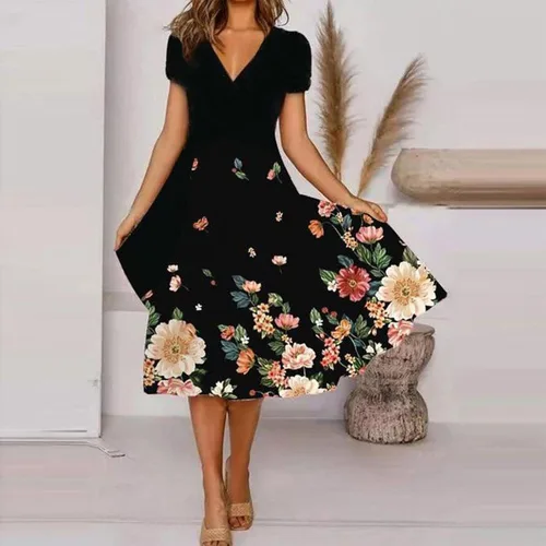Miniatura 2 de ZEFOTIM Vestidos de verano para mujer 2023 de manga cortasin mangas, floral, cuello en V, vestido por debajo de la rodilla, vestidos casuales fluidos