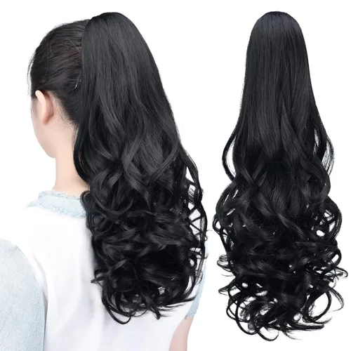Miniatura 27 de Extensiones de cola de caballo, extensiones de cabello rizado con clip de garra de color marrón oscuro para mujer, peluca sintética de cola