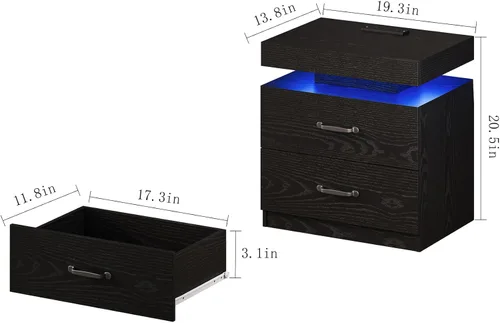 Miniatura 2 de Mesita de noche negra con estación de carga, moderna mesita de noche con luces LED, mesa auxiliar con 2 cajones para dormitorio, sala de estar