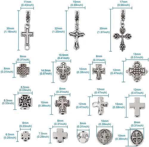 Miniatura 4 de Cheriswelry 100 cuentas de aleación de cruz tibetana, cuentas sagradas de metal antiguo crucifijo dorado antiguo, 10 estilos para collares