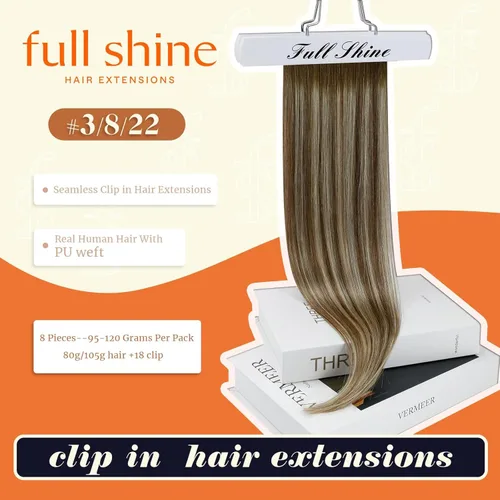 Miniatura 2 de Full Shine Extensiones de cabello humano real de 22 pulgadas con clip, balayage, color marrón degradado a rubio claro, mezcla de marrón, extensiones