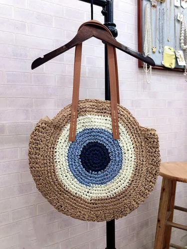 Miniatura 6 de JBR Bolso grande redondo de paja tejido al hombro bolso cruzado para mujer bolso de mano