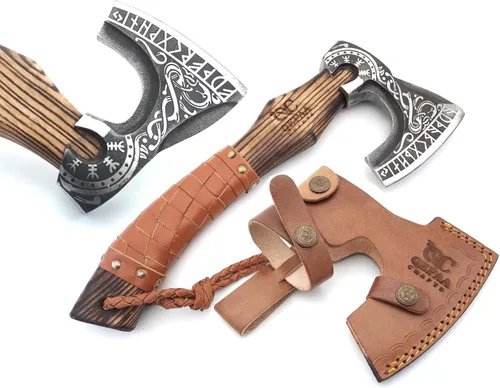 Hacha Vikinga de 13 Pulgadas - Hachetas y Hachas con Mango de Madera de Fresno y Envoltura de Cuero, Hacha para Partir Leña, Hacha de Campamento,